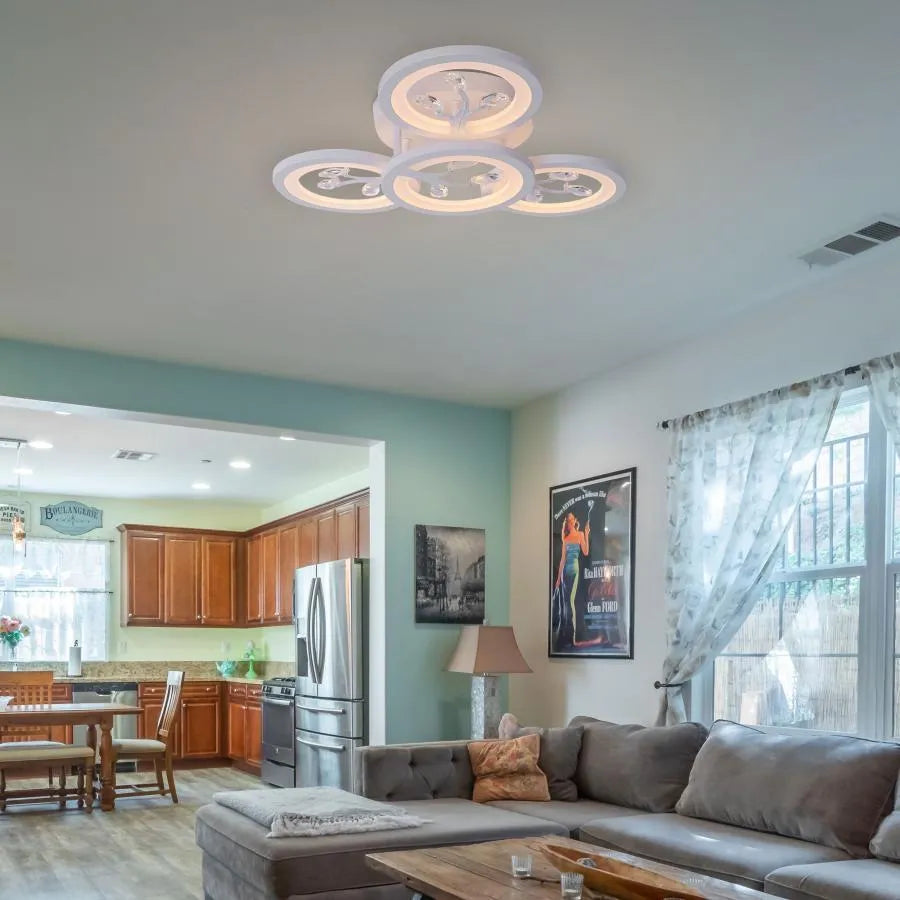 Lustra LED cu Telecomanda DAISY ,4 Elemente, 49W, Lumina Rece/Calda/Neutra, Dimabila, Alb cu Cristal