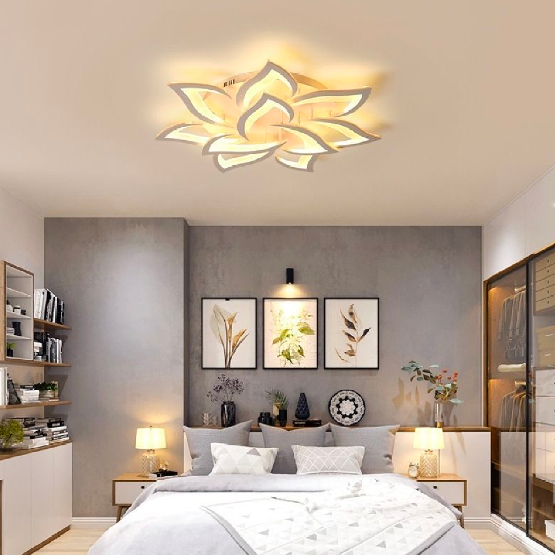 Lustra LED cu telecomanda LOTUS, 110W, 9 Petale, lumina Rece/Calda/Neutra, Dimabila, Alb