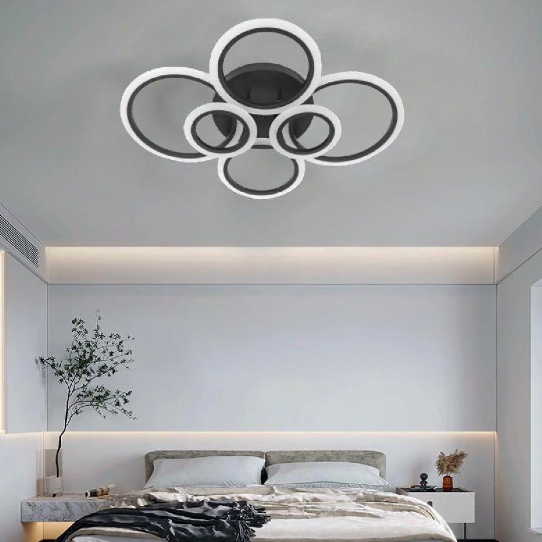 Lustra LED cu telecomanda BETTY, 82W, 6 Cercuri, lumina Rece/Calda/Neutra, Dimabila, Negru