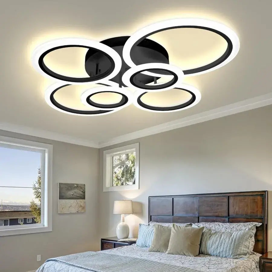 Lustra LED cu telecomanda BETTY, 82W, 6 Cercuri, lumina Rece/Calda/Neutra, Dimabila, Negru