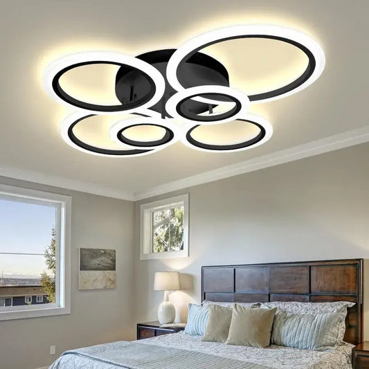 Lustra LED cu telecomanda BETTY, 82W, 6 Cercuri, lumina Rece/Calda/Neutra, Dimabila, Negru