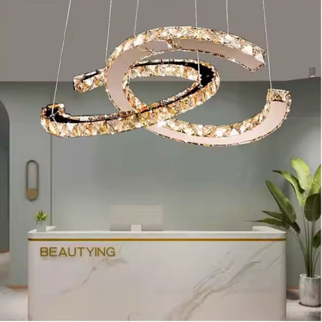 Lustra LED suspendata cu telecomanda si cristal PRISM ANTEA, 40W, 2 Cercuri, lumina Rece/Calda/Neutra, Dimabila, Argintiu, Inaltime Reglabila