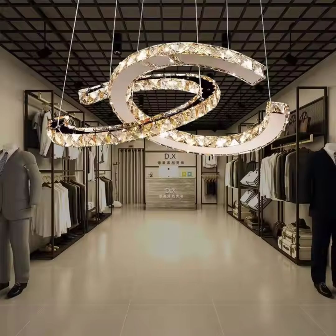 Lustra LED suspendata cu telecomanda si cristal PRISM ANTEA, 40W, 2 Cercuri, lumina Rece/Calda/Neutra, Dimabila, Argintiu, Inaltime Reglabila