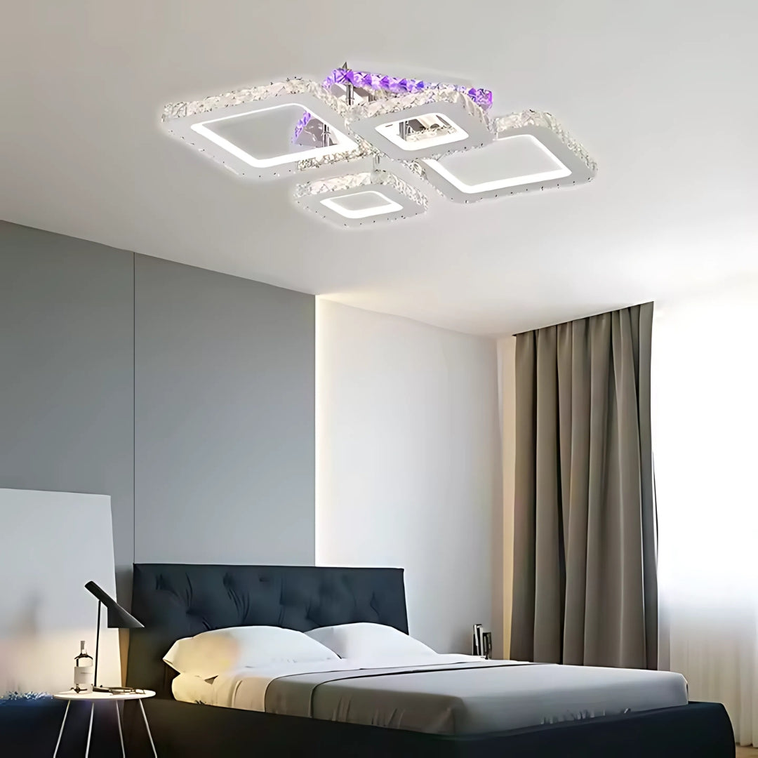 Lustra LED cu telecomanda si cristal NOVA RHOMBA RGB, 60W, 4 Patrate, lumina Rece/Calda/Neutra, Dimabila, Crom Lucios
