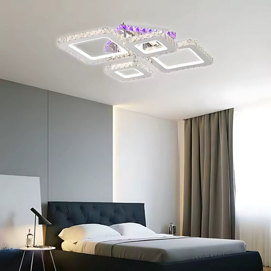 Lustra LED cu telecomanda si cristal NOVA RHOMBA RGB, 60W, 4 Patrate, lumina Rece/Calda/Neutra, Dimabila, Crom Lucios