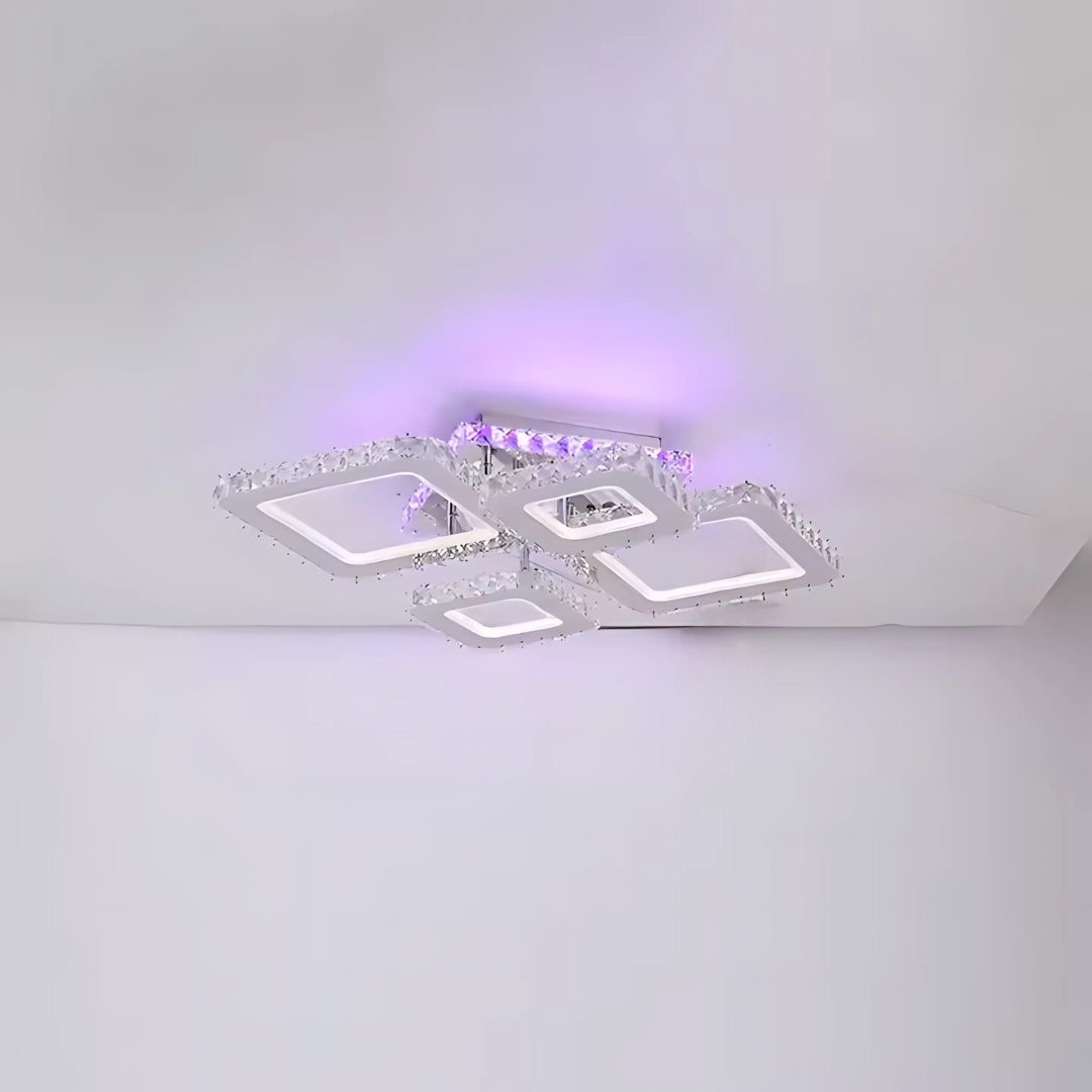 Lustra LED cu telecomanda si cristal NOVA RHOMBA RGB, 60W, 4 Patrate, lumina Rece/Calda/Neutra, Dimabila, Crom Lucios
