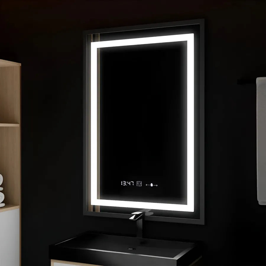 Oglinda LED Rectangulara, 60x80cm, Verite Majeste Noir Motion Glow Marcello, Sistem Dezaburire, Ceas & Termometru, Dimabila