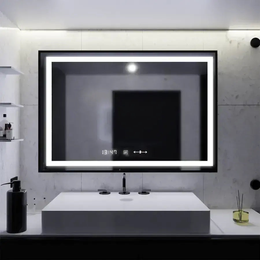 Oglinda LED Rectangulara, 100x80cm, Verite Majeste Noir MotionGlow Marcello, Sistem Dezaburire, Ceas & Termometru, Dimabila
