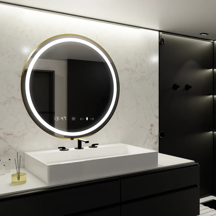 Oglinda LED Rotunda, 60cm, Celeste Royale Gold MotionGlow Marcello, Sistem Dezaburire, Ceas & Termometru, Dimabila