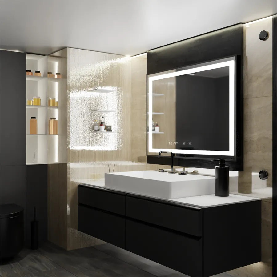 Oglinda LED Rectangulara, 80x60cm, Verite Majeste Noir Motion Glow Marcello, Sistem Dezaburire, Ceas & Termometru, Dimabila