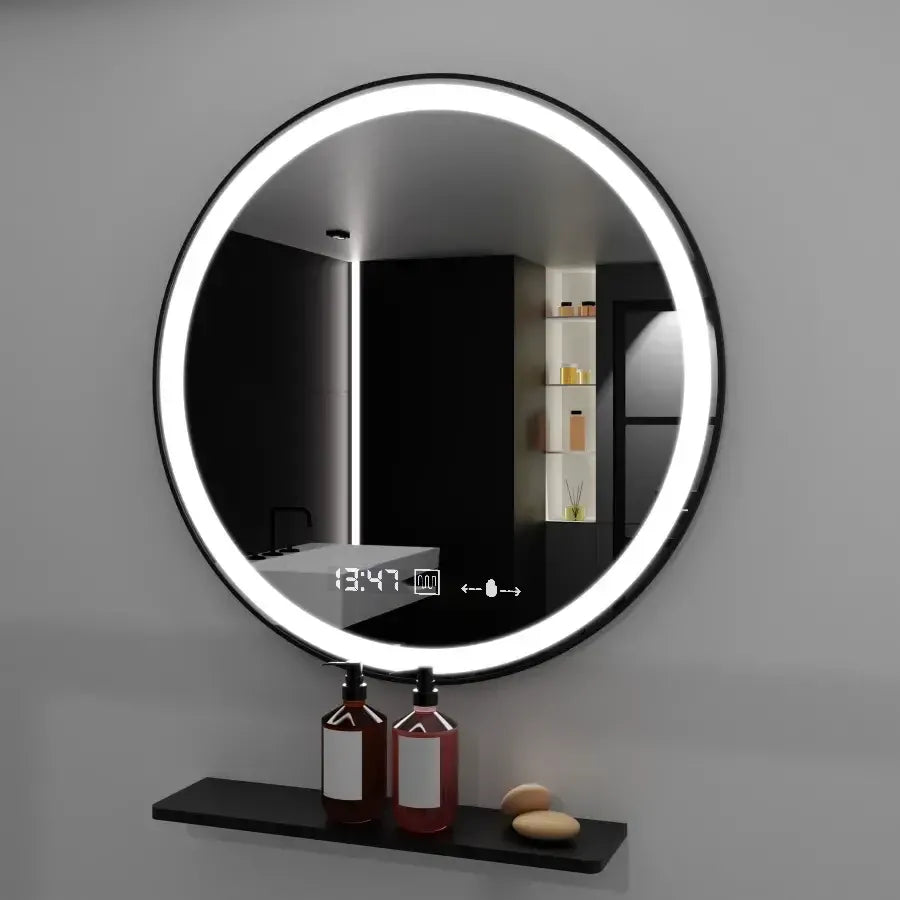 Oglinda LED Rotunda, 70cm, Celeste Majeste Noir MotionGlow Marcello, Sistem Dezaburire, Ceas & Termometru, Dimabila
