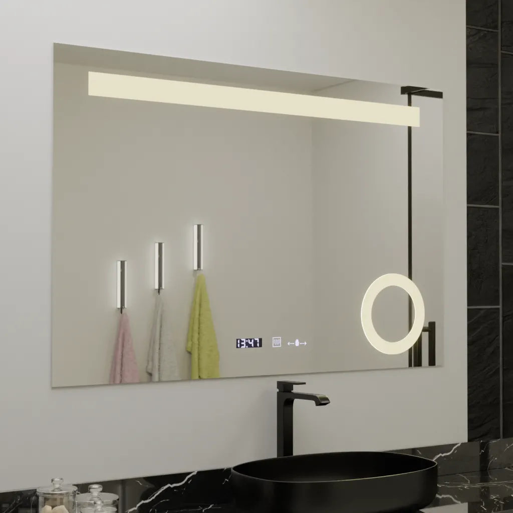 Oglinda LED Rectangulara, 120x80cm, ABSOLU MotionGlow Marcello, Sistem Dezaburire, Ceas & Termometru, Lupa Cosmetica, Dimabila