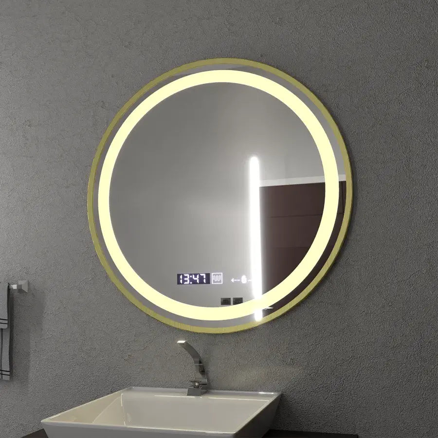 Oglinda LED Rotunda, 70cm, Celeste Royale Gold MotionGlow Marcello, Sistem Dezaburire, Ceas & Termometru, Dimabila
