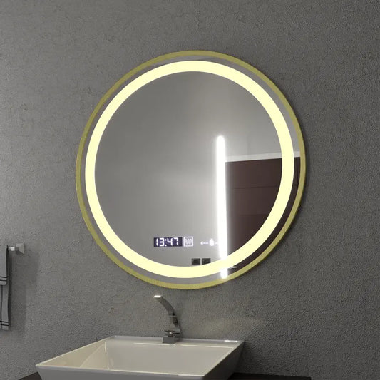 Oglinda LED Rotunda, 70cm, Celeste Royale Gold MotionGlow Marcello, Sistem Dezaburire, Ceas & Termometru, Dimabila