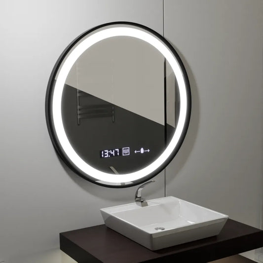 Oglinda LED Rotunda, 60cm, Celeste Majesté Noir MotionGlow Marcello, Sistem Dezaburire, Ceas & Termometru, Dimabila