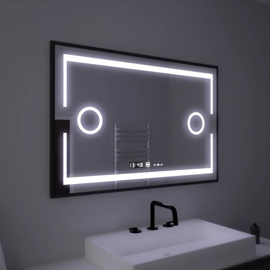 Oglinda LED Rectangulara, 120x80cm, Senzor MotionGlow Marcello, Sistem Dezaburire, Ceas & Termometru, Lupa Cosmetica, Dimabila
