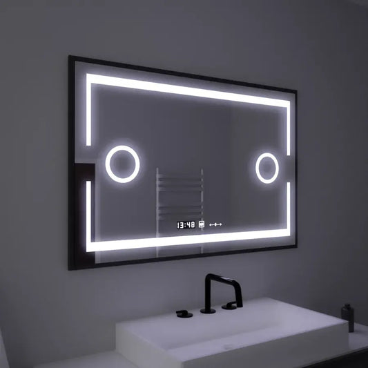Oglinda LED Rectangulara, 120x80cm, Senzor MotionGlow Marcello, Sistem Dezaburire, Ceas & Termometru, Lupa Cosmetica, Dimabila