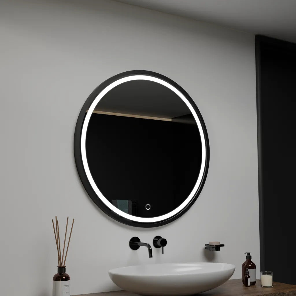 Oglinda LED Rotunda, 90cm, Orizzonte Rama Neagra, Basic Touch