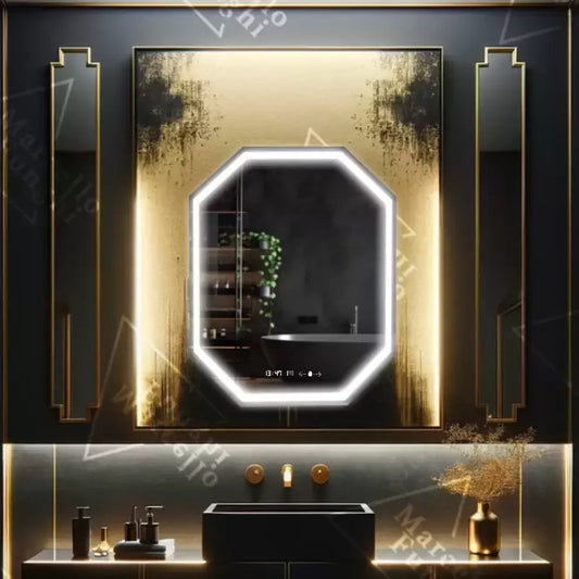 Oglinda LED Poligon, 60x80cm, Ralya Senzor MotionGlow Marcello, Sistem Dezaburire, Ceas & Termometru, Dimabila