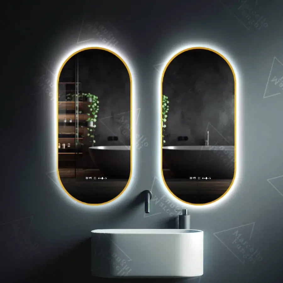 Oglinda LED Ovala, 60x80cm, Revin Senzor Marcello, Sistem Dezaburire, Ceas & Termometru, Dimabila