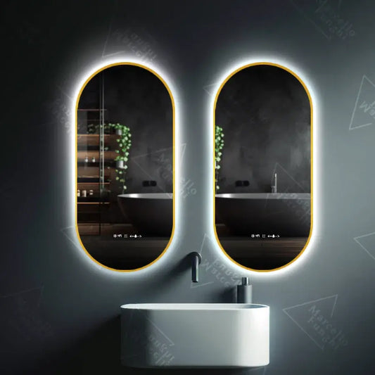 Oglinda LED Ovala, 60x80cm, Revin Senzor Marcello, Sistem Dezaburire, Ceas & Termometru, Dimabila