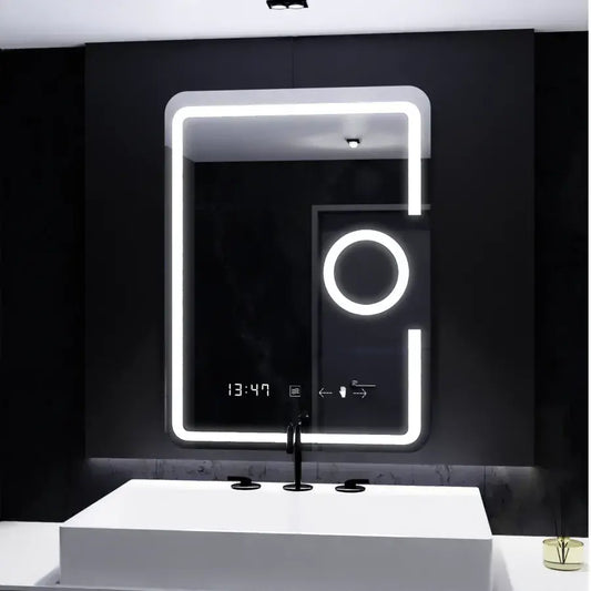 Oglinda LED Rectangulara, 120x80cm, Eclat MotionGlow Marcello, Sistem Dezaburire, Ceas & Termometru, Lupa Cosmetica, Dimabila