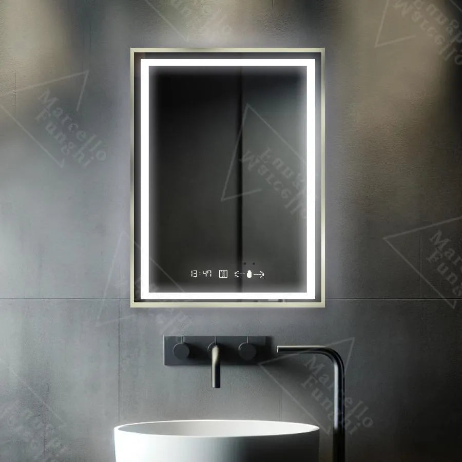 Oglinda LED Rectangulara, 60x80cm, Verite Royale Gold MotionGlow Marcello, Sistem Dezaburire, Ceas & Termometru, Dimabila
