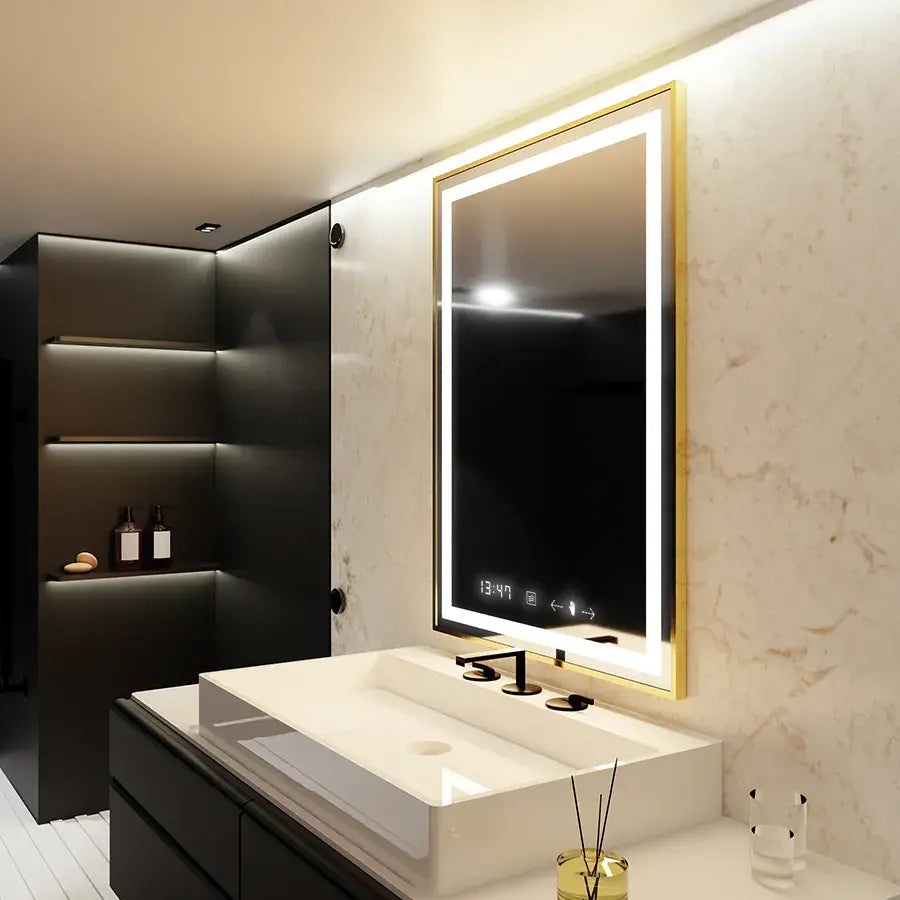 Oglinda LED Rectangulara, 75x90cm, Verite Royale Gold MotionGlow Marcello, Sistem Dezaburire, Ceas & Termometru, Dimabila