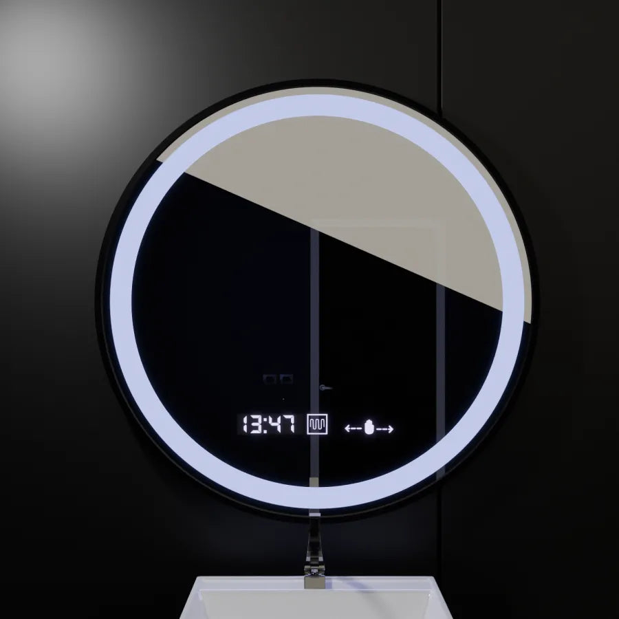 Oglinda LED Rotunda, 60cm, Celeste Majesté Noir MotionGlow Marcello, Sistem Dezaburire, Ceas & Termometru, Dimabila