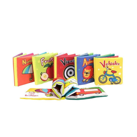 Set 6 Carticele din Textil cu Vehicule, Forme Geometrice, Imagini Vizuale, Numere, Animale si Fructe, 6 Bucati, Textil